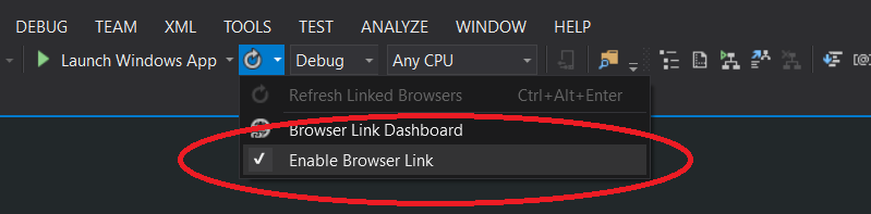 Image showing where Browser Link can be disabled