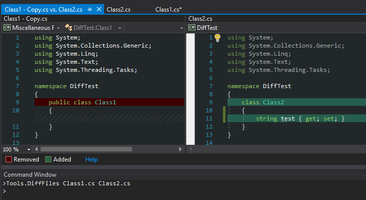 Diffing two files using Tools.DiffFiles in Visual Studio