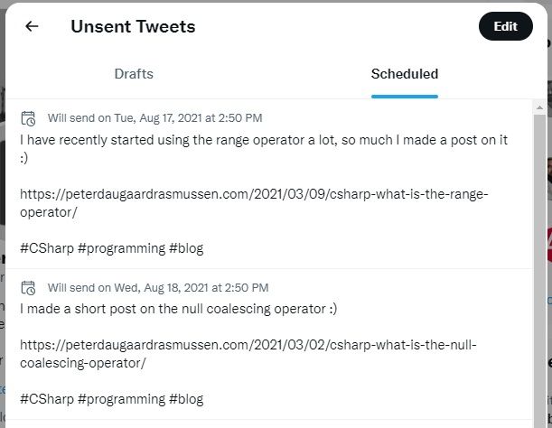 twitter list of scheduled tweets