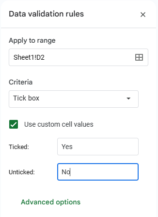 Set Up Check box Data Validation Rules