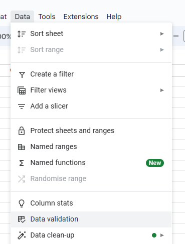 google sheets data validation menu