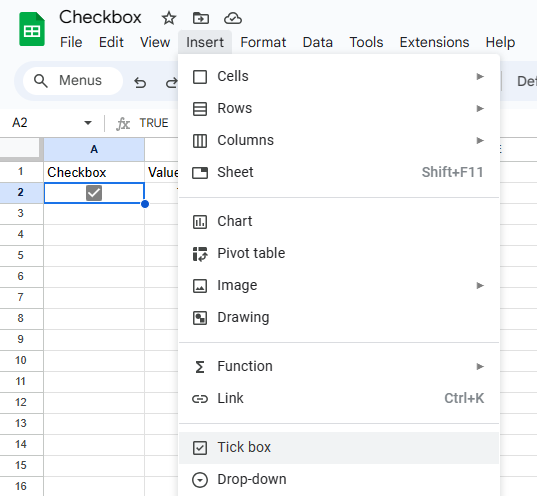 Insert checkbox in google sheets from menu