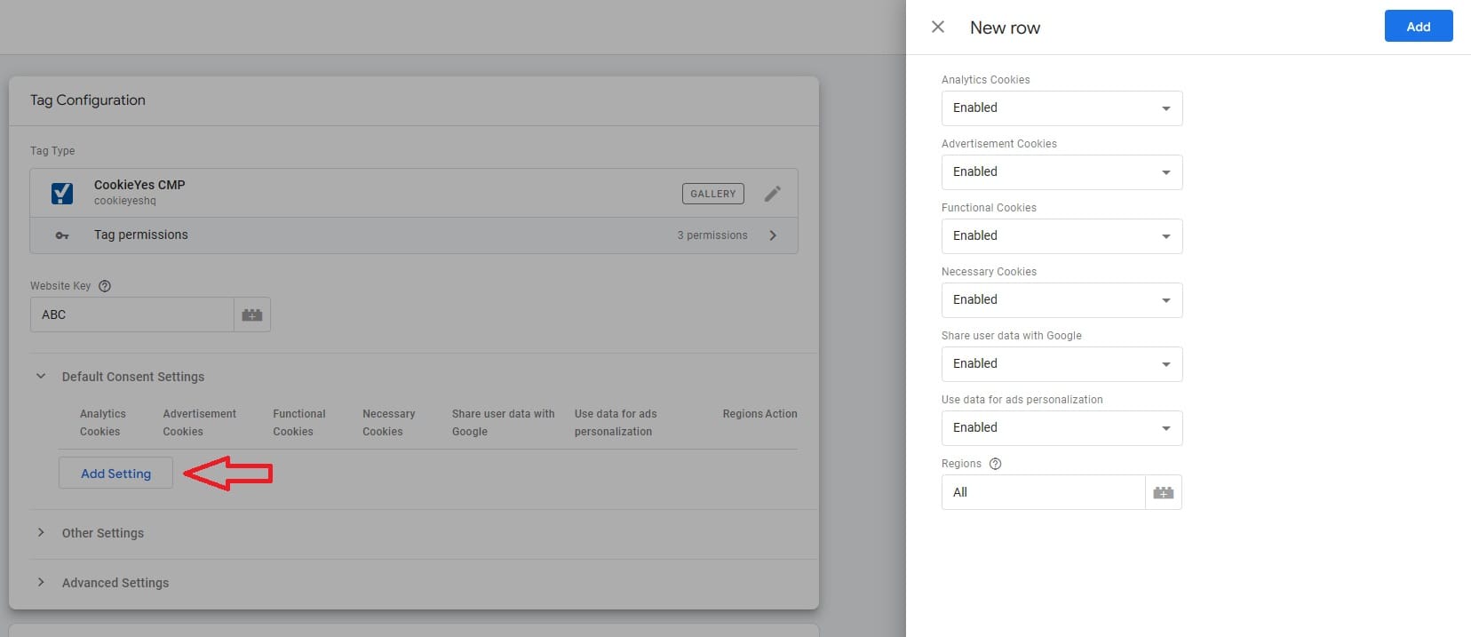 google tag manager cookie yes setup settings